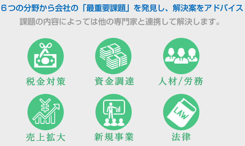 ６つの分野から会社の「最重要課題」を発見し、解決案をアドバイス
課題の内容によっては他の専門家と連携して解決します