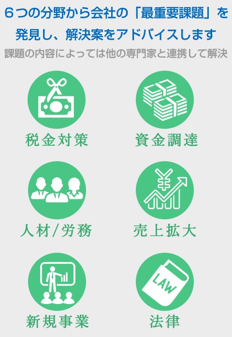 ６つの分野から会社の「最重要課題」を発見し、解決案をアドバイス
課題の内容によっては他の専門家と連携して解決します